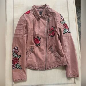 LA Coalition Pink Studded Appliqué Rose Vegan Leather Moto Jacket Size Large.